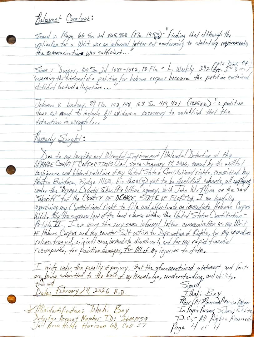 Orange County Sheriff's Office Agents Stage Jaywalking Fraud evidence - Bey vs STATE OF FLORIDA Administration - Writ of Habeas Corpus Suit action - part 4