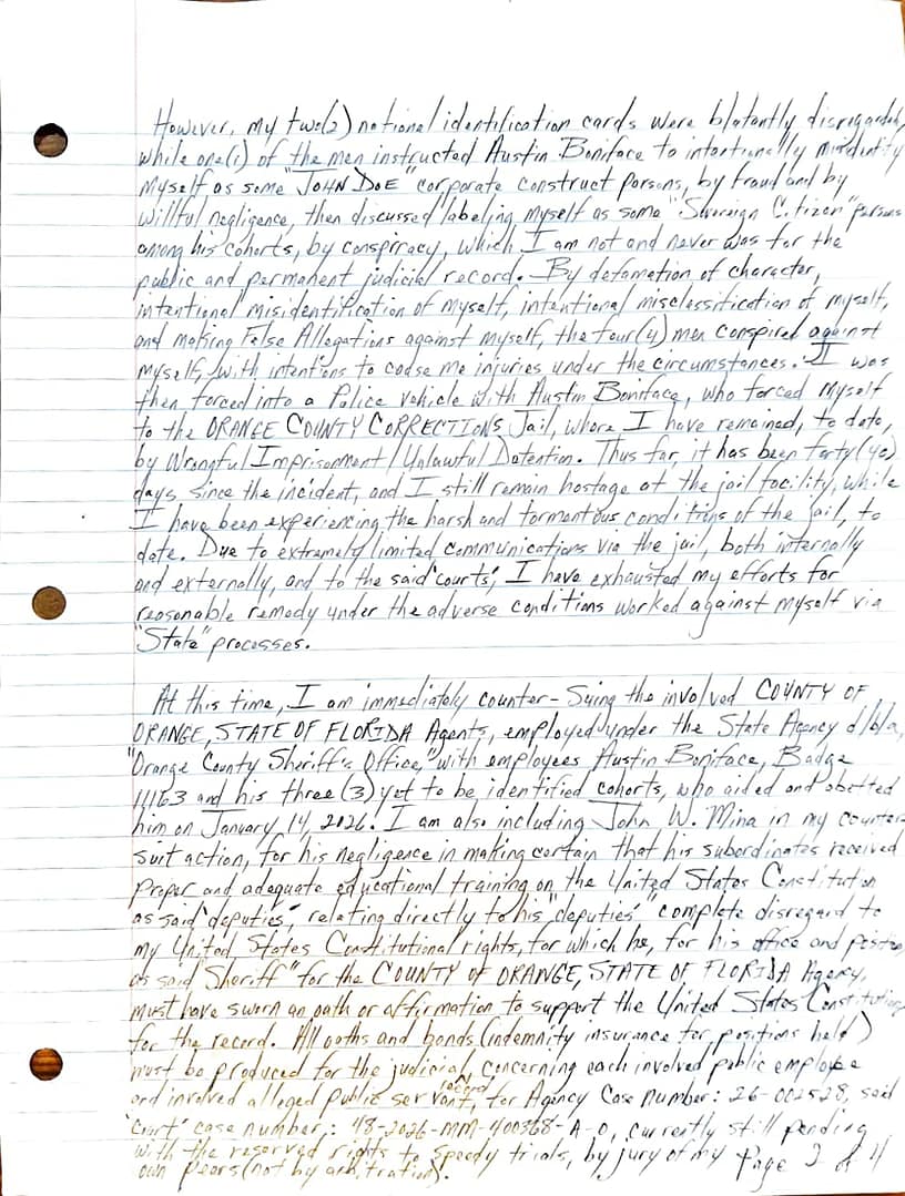 Orange County Sheriff's Office Agents Stage Jaywalking Fraud evidence - Bey vs STATE OF FLORIDA Administration - Writ of Habeas Corpus Suit action - part 2